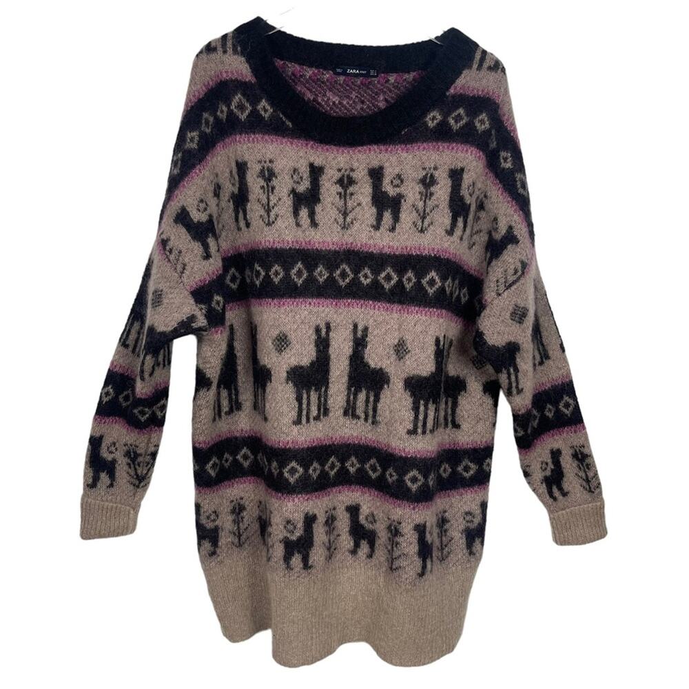 Zara Llama Print Wool Mohair Blend Longline Sweater Size Medium